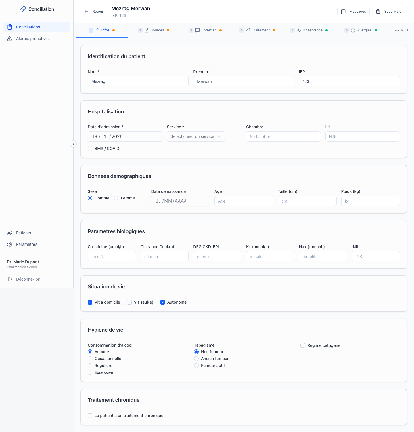 SaaS de conciliation médicamenteuse : dossier patient clinique complet