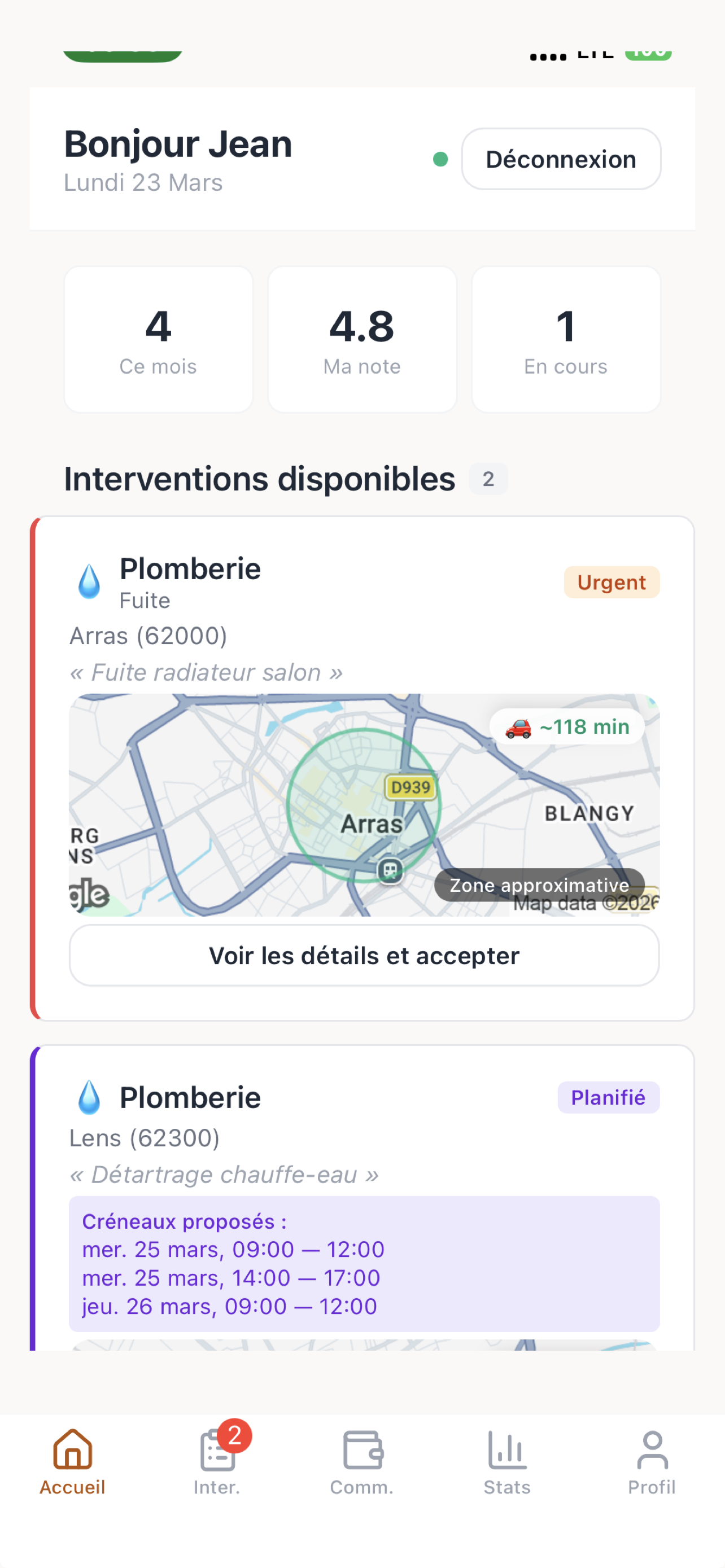 App pro de l'artisan : interventions entrantes, note client, facturation